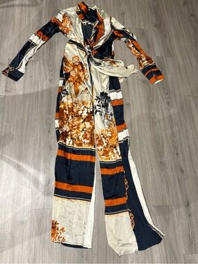 Floral Print Wide-Leg Jumpsuit in Navy, Orange & Cream